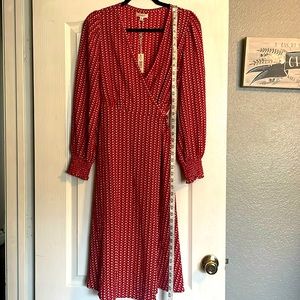 Max studio wrap around long sleeve red and white dress.